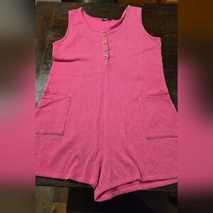 Pink Ribbed Tank Romper with Button Front